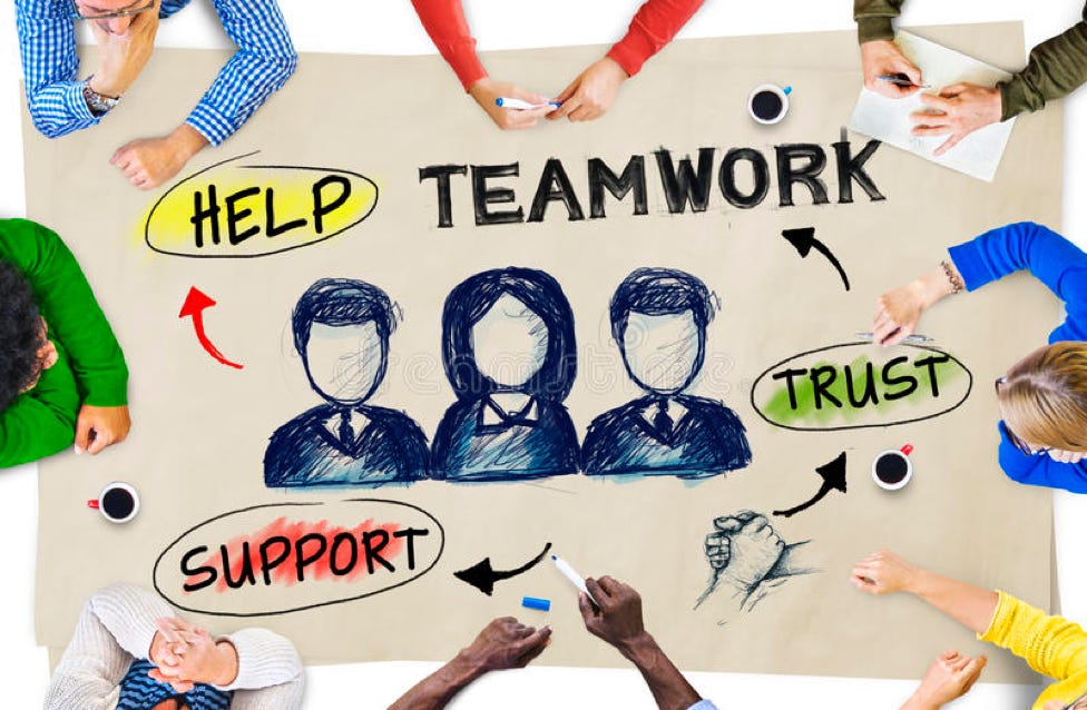 Teamwork, help,  support, trust